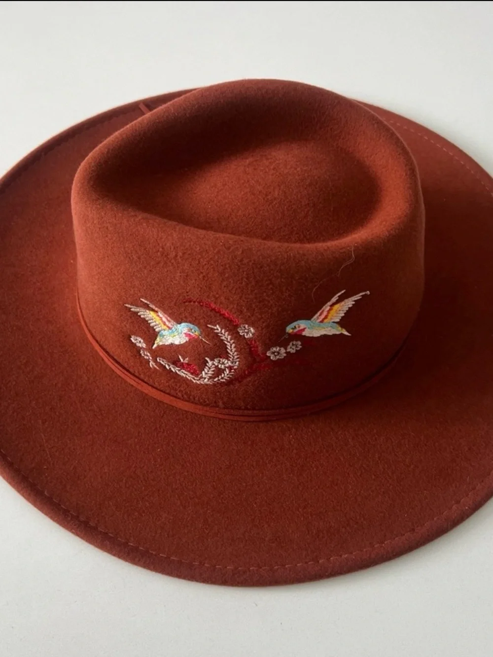 Johnny Was Fedora Hat Rust Color Embroidered Wool with Blue Hummingbird Feather